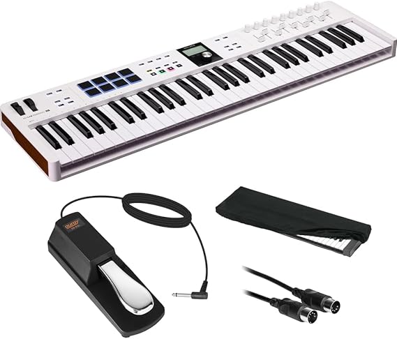 Arturia 231531 KeyLab Essential mk3 61-Key Universal MIDI Controller and Software (White) Bundle with Auray FP-P1L Sustain Pedal, Hosa MID-310 MIDI Cable, and Medium-Size 61-67 Keys Cover for Piano
