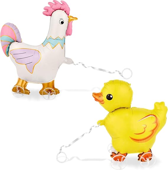 2 Pack Walking Animal Balloons With Wheels, Standing Pet Mylar Balloons, 21*26 inch Parties Animal Theme Balloon, Christmas Birthday Party Popular Decorations Supplies (Yellow Ducks & White Chicken)