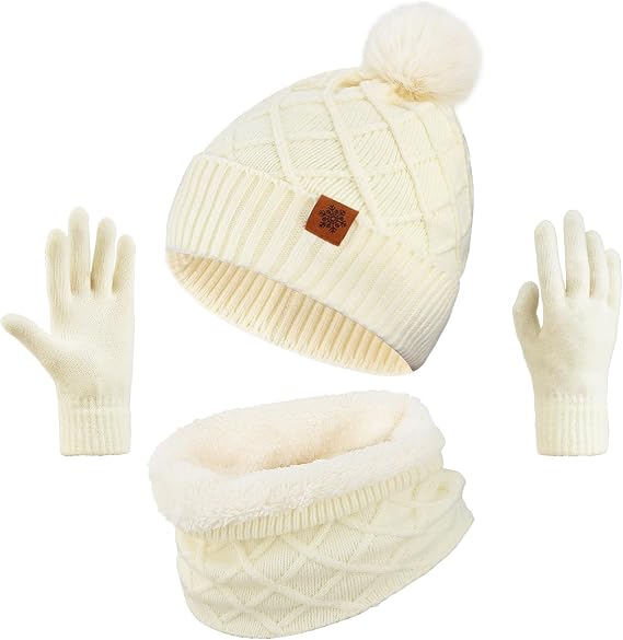 YARIEW Winter Hat Neck Warmer and Gloves Set for Women, Warm Knitted Beanie with Pom Pom, Soft Ear Warmer Scarf, Warm Gloves, Winter Accessories Gift Set Beige