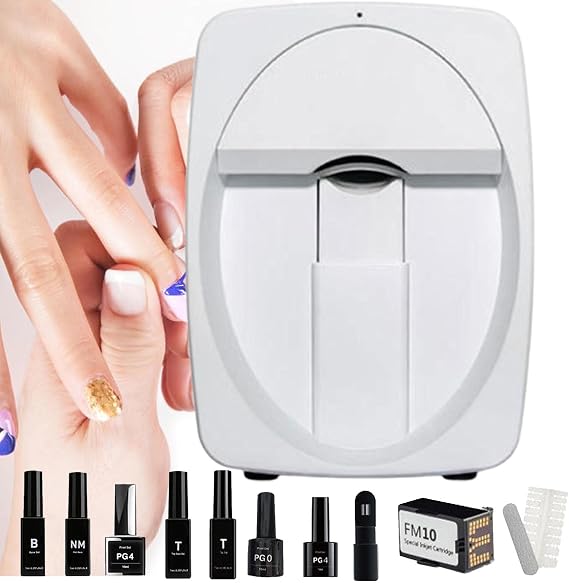 Nail Art Printer Machine,3D Digital Nail Printer Manicure Salon Set,Mobile Nail Printing Machine Includes Printing Adhesive,Ink Cartridge,Primer, Base and Top Coats,Cleaning Etc. White