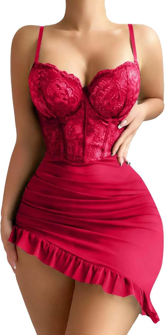 wodceeke Women's Lace Nightgowns Babydoll Lingerie Sexy Mesh Slips Nightdress Irregular Ruffle Hem Boudoir Pajama Dress