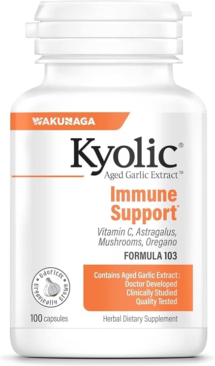 Kyolic Aged Garlic Extract Immune Support* Formula 103, 100 Capsules | Bioavailable Blend with Mushroom Complex, Astragalus, Olive Leaf, Oregano and Vitamin C for Healthy Immune Function, GMO-Free