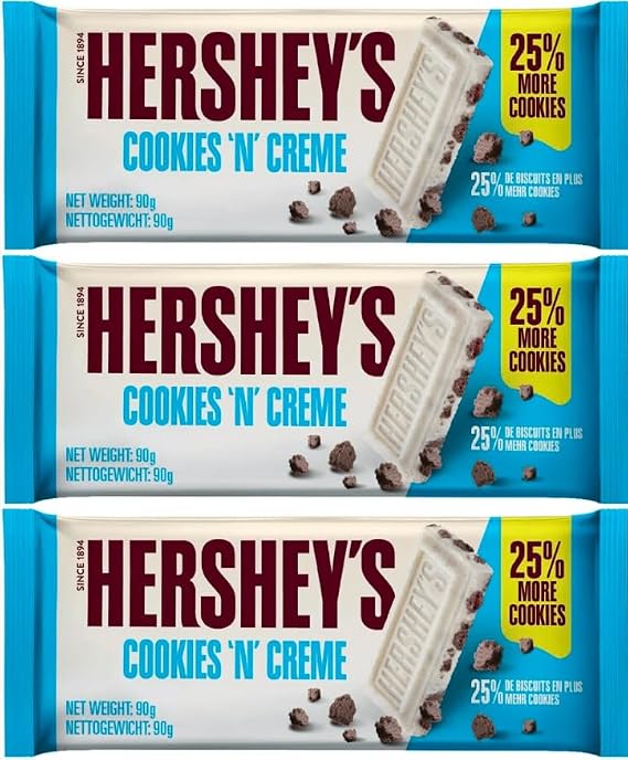 Hershey's Cookies 'N' Creme Chocolate Bar (90g) - 3 Pack - 25% More Cookies for Extra Crunch! Delicious White Chocolate with Crunchy Cookie Bits - Perfect for Snacking, Sharing, and Gifting Treat