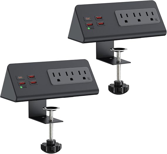Nightstand Charging Station, Nightstand Edge Power Strip with 3 AC Outlets, 4 Fast Charging USB Ports, Connect 6.56FT Flat Plug, Desk Surge Protector for Office Home Hotel, 2-Pack(Black)
