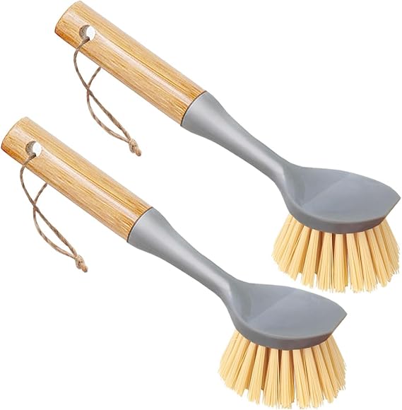 2 Pack Kitchen Dish Brush, Bamboo Handle Dish Scrubber Built-in Scraper, Multi-Function Scrub Brush for Dishes,Pans,Pots, Kitchen, Bathroom (Gray)
