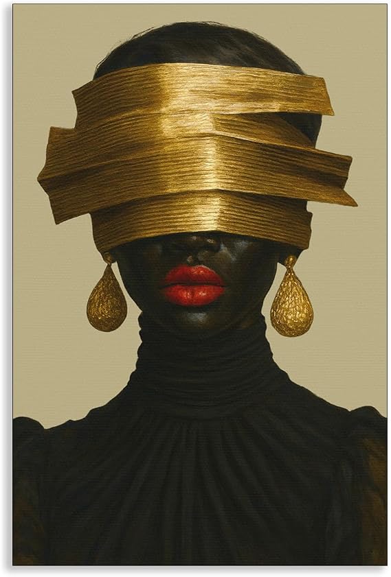 Fashion Black Girl Canvas Wall Art, Luxury African American Woman Poster, Urban Black Culture Wall Decor, Luxurious Gold Mask & Earrings Picture for Girls Dorm Apartment 12x16in Unframed
