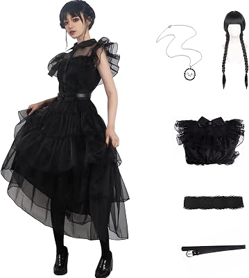 Women Vintage Goth Black Dress Costume Gothic Cosplay Girl Dance Tulle Lace Skirt Halloween Party Outfit with Necklace