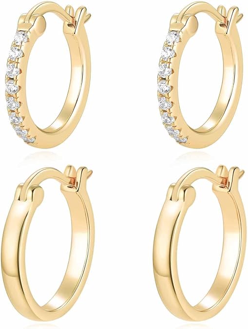 Jewlpire 14K Gold Plated Hoop Earrings Set for Women, Hypoallergenic Small Hoop Earrings for Women 15mm Gold Hoops Earring Set