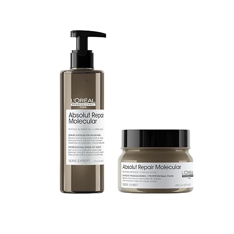 L'Oreal Professionnel Paris Absolut Repair Molecular Rinse Off Hair Serum & Hair Mask Set - Bond Building & Repair, For All Color Treated and Damaged Hair, With Peptide Bonder & Amino Acids
