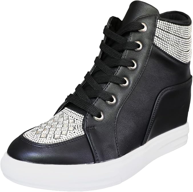 rismart Women's High Top Wedge Fashion Sneakers Glitter Lace up Ankle Bootie