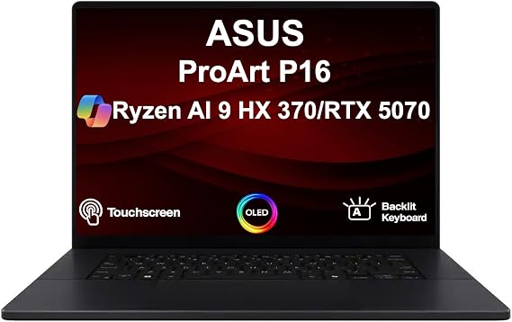 ASUS ProArt P16 AI Powered Laptop 16.0" Touchscreen OLED 2.8K Display (AMD Ryzen AI 9 HX 370, 32GB LPDDR5X, 4TB PCIe SSD, GeForce RTX 5070, Backlit KB, WiFi 7, Webcam, Bluetooth 5.4, Win 11 Pro)