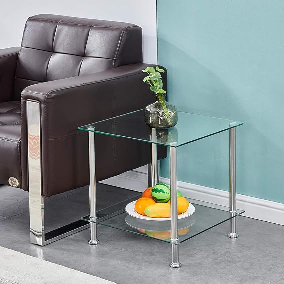 2-Tier Square End Table Clear Glass Side Coffee Tables with Stainless Steel Legs, Storage Shelf for Living Room, Display Table for Small Space, 45×45×45.7cm (Square-Clear)