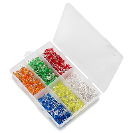 900pcs 5mm Red LED Diode Lights (6 color Each 150pcs, Red, Yellow, Blue, Green, Orange, White) DC 1.8V~3.4V 20mA 3mm LED Emitting Diodes