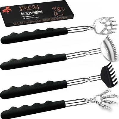 4Pcs Different Back Scratcher Extendable Back Massager Tool with Rubber Handles, Metal Portable Telescoping Back Scratcher, Stocking Stuffers for Men Women Christmas Gift Black