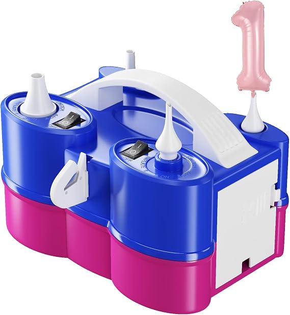 Electric Balloon Pump with Pastel Pink Number 1 Balloon, Portable Air Pump for Latex 260q Foil Balloons, Dual Nozzle Balloon Blower Machine for Party Decoration, Balloon Inflator Deflator