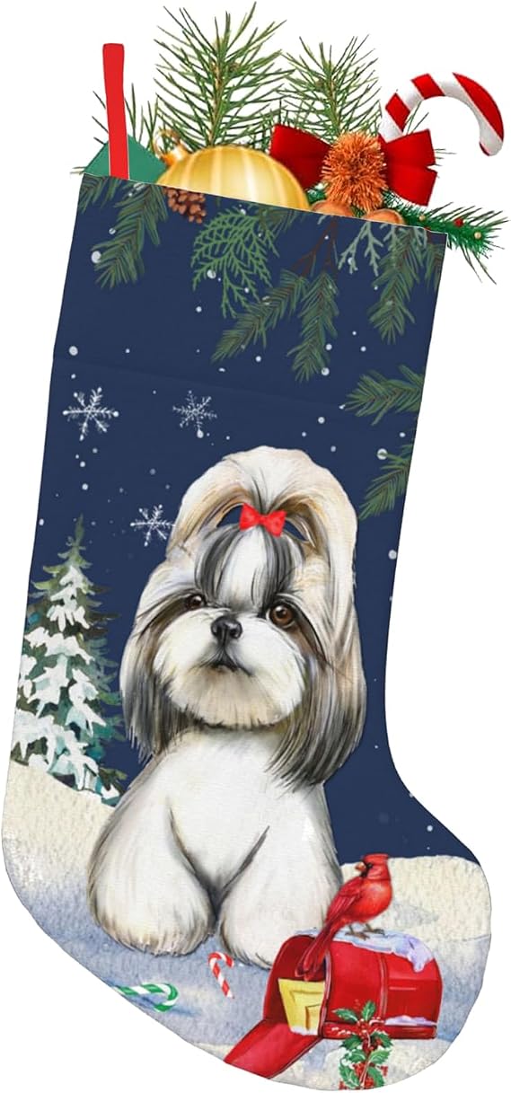MOLAIGIN Merry Christmas Santa Shih Tzu Puppy Dog 18 Inches Christmas Stocking Classic Large Soft Stockings Santa, Xmas Character for Family Holiday Christmas Party Decor Gifts