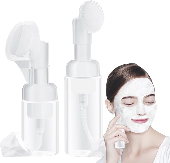 Pwsap 2 Pcs Pump Dispenser, 1oz/2oz (30/60 ml) Soap Foaming Bottle Mousse Foam Bottle Facial Cleanser Pump Dispenser with Silicone Foam Massage Clean Brush Head, Suitable for Face Wash Foaming