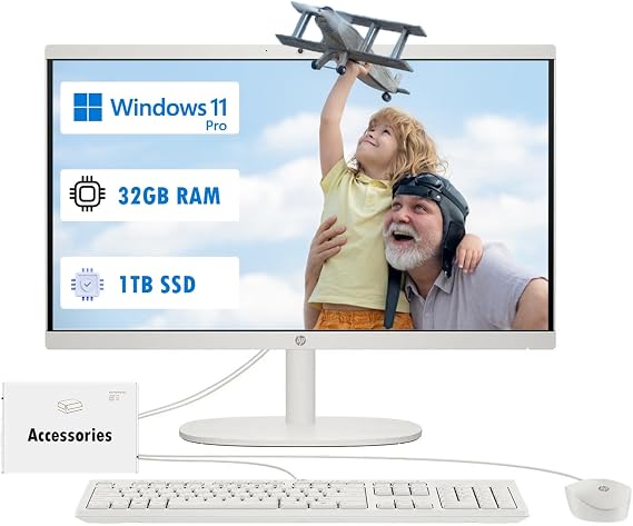 HP All-in-One Computer - 21.5'' FHD Display Desktop PC, Win 11 Pro, Wi-Fi 6, Bluetooth, Intel Celeron Processor, HDMI, HD Webcam, w/Accessory (32GB RAM | 1TB SSD)