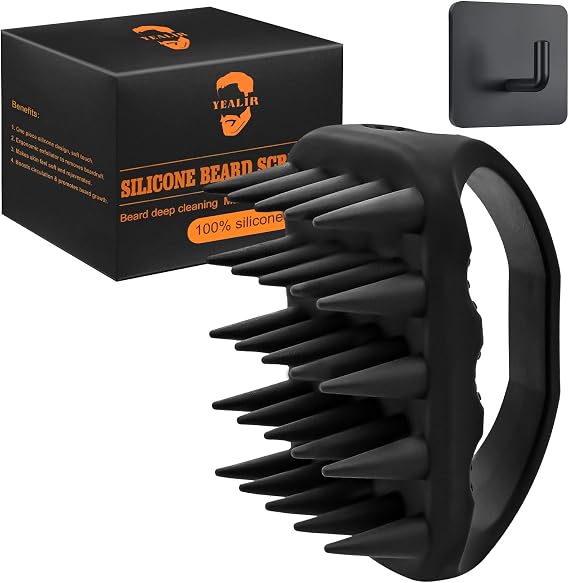 Silicone Beard Scrubber w/ Hook, Cleansing & Exfoliating Beard Care Brush | Detangles Beards to Relieve Itching & Dandruff, Non-Slip Grip with Long Soft Durable Silicone Bristles