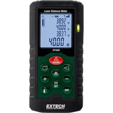 Extech DT40M Laser Distance Meter, 131ft 40m, Area and Volume | 2in-131ft range, area/volume/Pythagorean, continuous and MIN/MAX, backlit LCD, Class II laser, pocket