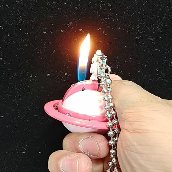 Classic Portable Saturn Necklace Lighters,Decorative Refillable Butane Soft Flame, for Men and Women(Pink)