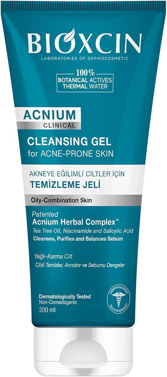 Bioxcin Acnium Sebum Dengeleyici Yüz Yıkama Jeli – Niasinamidli, Termal Sulu, Bitkisel Kompleksli, Akneye Eğilimli ve Yağlı Ciltler İçin, 200 ml