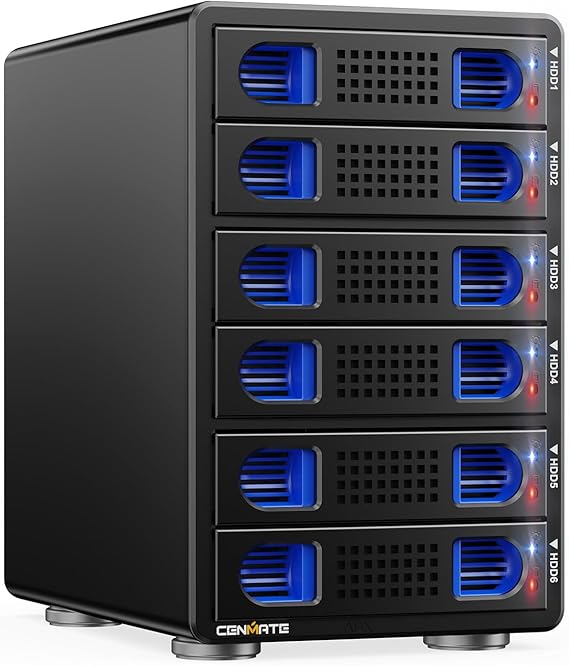 CENMATE Aluminum 6 Bay 10Gbps HDD Enclosure with Cooling Fan for 2.5/3.5" SATA HDD/SSD with USB A/C 3.2 Gen 2, Support Hot Swappable, Tool-Free Hard Drive Enclosure