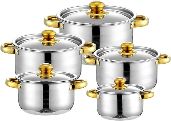 10-Piece Gold Handle Stainless Steel Cookware Set, 5 Pots & Lids, Even Heat Distribution, Works with Gas Electric Induction Ceramic Halogen