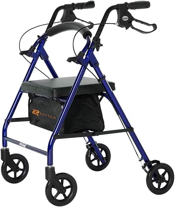 Rhythm Healthcare Royal Aluminum 4 Wheel Rollator, Lightweight Folding Walker with Padded Seat, Tote Bag, and Locking Loop Brakes, Blueberry