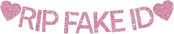 BEISHIDA 21st Birthday Decorations for Her Happy 21st Birthday Banner -NO DIY, Pink Glitter RIP FAKE ID Banner Sign for Backdrop Funny Party Supplies for Him Her Girl