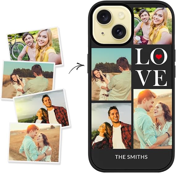Customized Phone Case Compatible with iPhone 15, Multi-Photo Collage Protective Slim Fit Personalized True Fit Photo Cover Translucent Matte Shell, Frosted Black