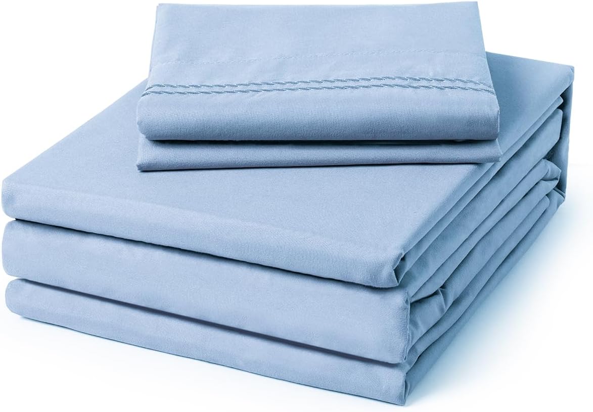 ClevaHome Twin Size Sheet Set - 4 Piece Soft Breathable Luxury Bed Sheet Set - Shrinkage & Fade Resistant Embroidered Bedding Sheet with Deep Pocket, 2 Extra Pillowcases Twin, Chambray Blue