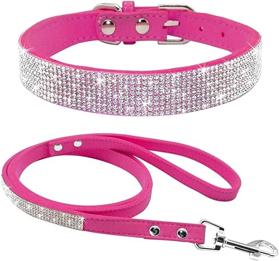 N/E ZHEXUNDIAN Dog Collar Pet Collar Adjustable Suede Leather Puppy Dog Collar Leash Set Soft Rhinestone Small Medium Dogs Cats Collars Walking Leashes Pink XS S M (Color : Rose, Size : S)