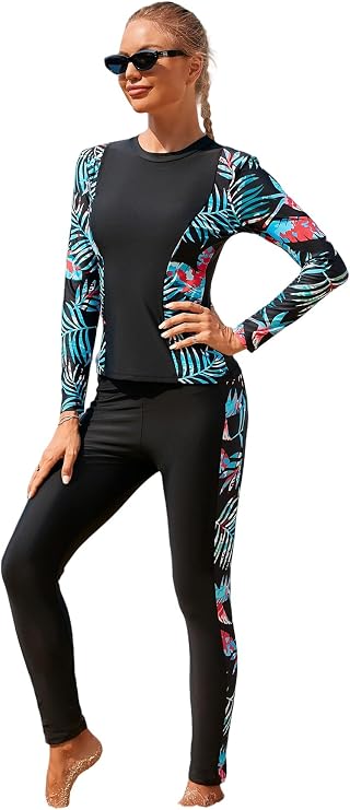 Women's 2-Pieces Long Sleeve Floral Print Rash Guard Athletic Swimwear Set