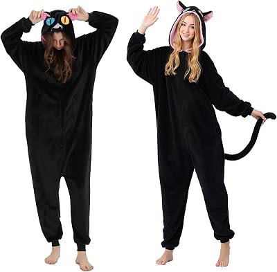 Black Cat Onesie Pajamas for Women Plush Animal One Piece Cute Cat Costume Sleepwear Halloween Cosplay Costume