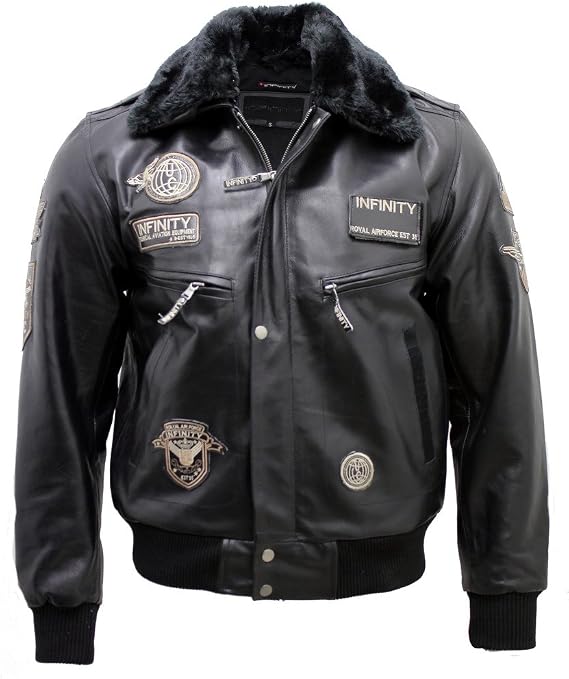 Infinity Leather Men's Black Cow Hide Leather Flight Bomber Jacket with Removable Collar