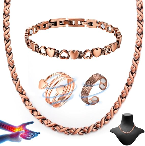 Vicmag 4PCS Magnetic Copper Necklace Bracelet Ring Set for Women Men - Magnetic Jewelry Present for Wellness & Neck Tension Relief, 99.9% Pure Copper