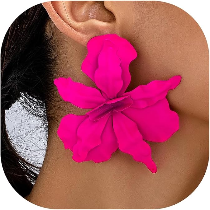 PLwelth Pink Flower Earrings for Women Large Statement Floral Earring Cute Flower Drop Dangle Earrings Hypoallergenic Floral Earring Summer Spring Fancy Vintage Trendy Jewelry Gifts Birthday Wedding