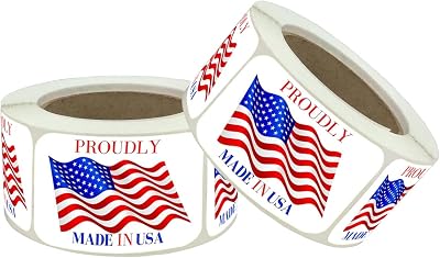Made in USA Labels 3 X 2 Inches American Flag Stickers Glossy Paper, 1,000 Labels, 500 PCS Per Roll Vinyl Decal United States Flag Sticker for Product Labeling 2 Rolls