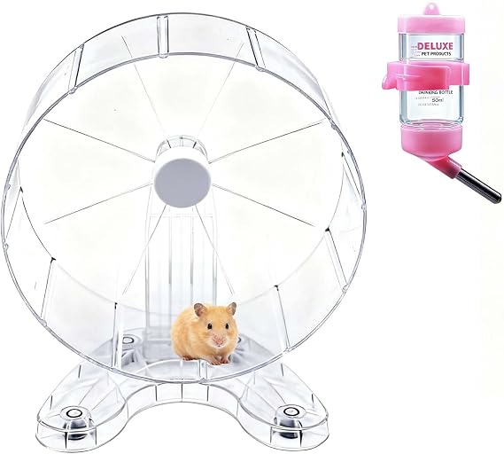 8.7" Hamster Exercise Wheel with Drinking Bottle, Hamster Exercise Wheel for Gerbils, Syrian & Dwarf Hamsters, Chinchillas, Hamster Running Wheel Noiseless Spinning Design for Other Small Pets, Clear