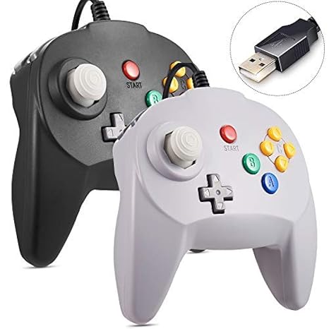 KIWITATA 2 Pack N64 USB Controller, Retro Mini N64 Wired 64-bit Upgraded Joystick Game Pad Joypad Controller for Windows PC/Mac Black & Gray