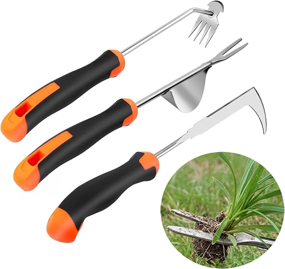 Weed Puller Tool, 3 Pack Hand Weeder Tool, Stainless Steel Dandelion Remover for Lawn Care, 4 Teeth Manual Crack Weeder, L-Shaped Weeding Tool with Ergonomic Handle for Garden, Flower Beds, Patio