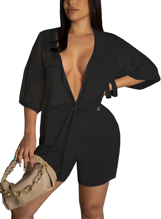 KANSOON Short Sets Women 2 Piece Outfits Knit Solid Color Half Sleeve Button Down Shirt and Shorts Set