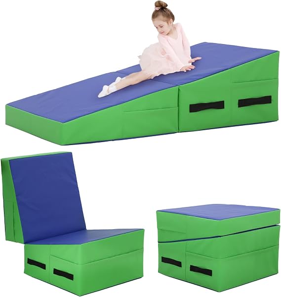 Gymnastics Mat 48X24X14 Incline Tumbling Mats for Home Gym, Folding Exercise Mat with Non-Slip PVC Surface & Handles, Cheese Wedge Mat for Kid Adults Workout