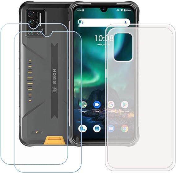 TTJ Translucent Cover for Umidigi Bison + [2 Pack] HD Tempered Glass, Silicone Shell TPU Bumper Protective Back Case - Scratch Screen Protector for Umidigi Bison (6,3")