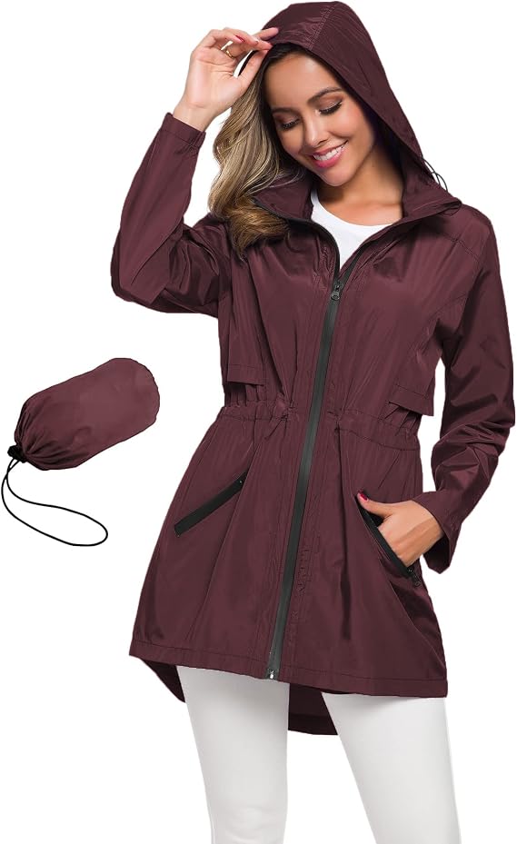 Avoogue Women's Long Raincoat with Hood Lightweight Waterproof Rain Jacket