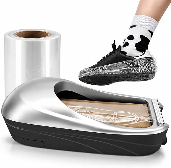 Automatic Shoe Cover Dispenser Machine with Shoe Film Roll, Non-Electric Hands-Free Shoe Cover Applicator, Stainless Steel Cutting Blade, 500 Uses per Roll, Fits Up to US Size 11 Shoes