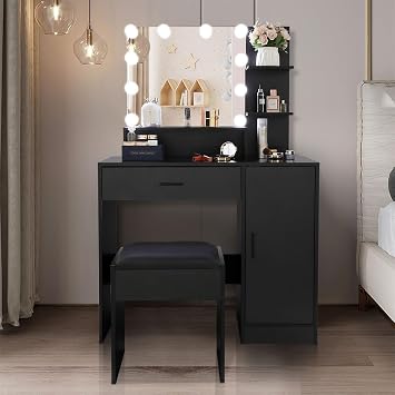 Black Vanity Desk with Lights, Vanity Makeup Desk with Cushioned Stool and Drawer Vanity Table Set with LED Mirror Dressing Table Makeup Vanity for Women, Girls