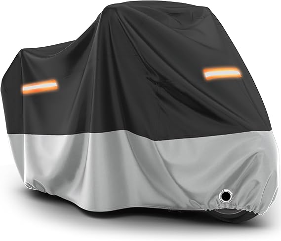 Favoto Motorcycle Cover Waterproof Outdoor All Weather Snow Rain Dust UV Protection Motorcycle Tarp with Lock-Holes & Storage Bag Moped Cover with Night Reflective Strips Fits up to 96.5"