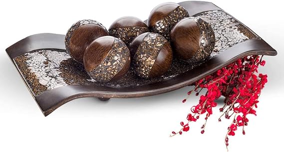 Creative Scents Schonwerk Brown Decorative Centerpiece Bowl with 6 Matching Orbs- Coffee Table Decor with Resin Sphere Balls for Living Room Dining Room Table - Decorations for Home Decor